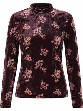 Planet Gold Floral Velvet Stretchy Long Sleeve Brown Women's Top Size L